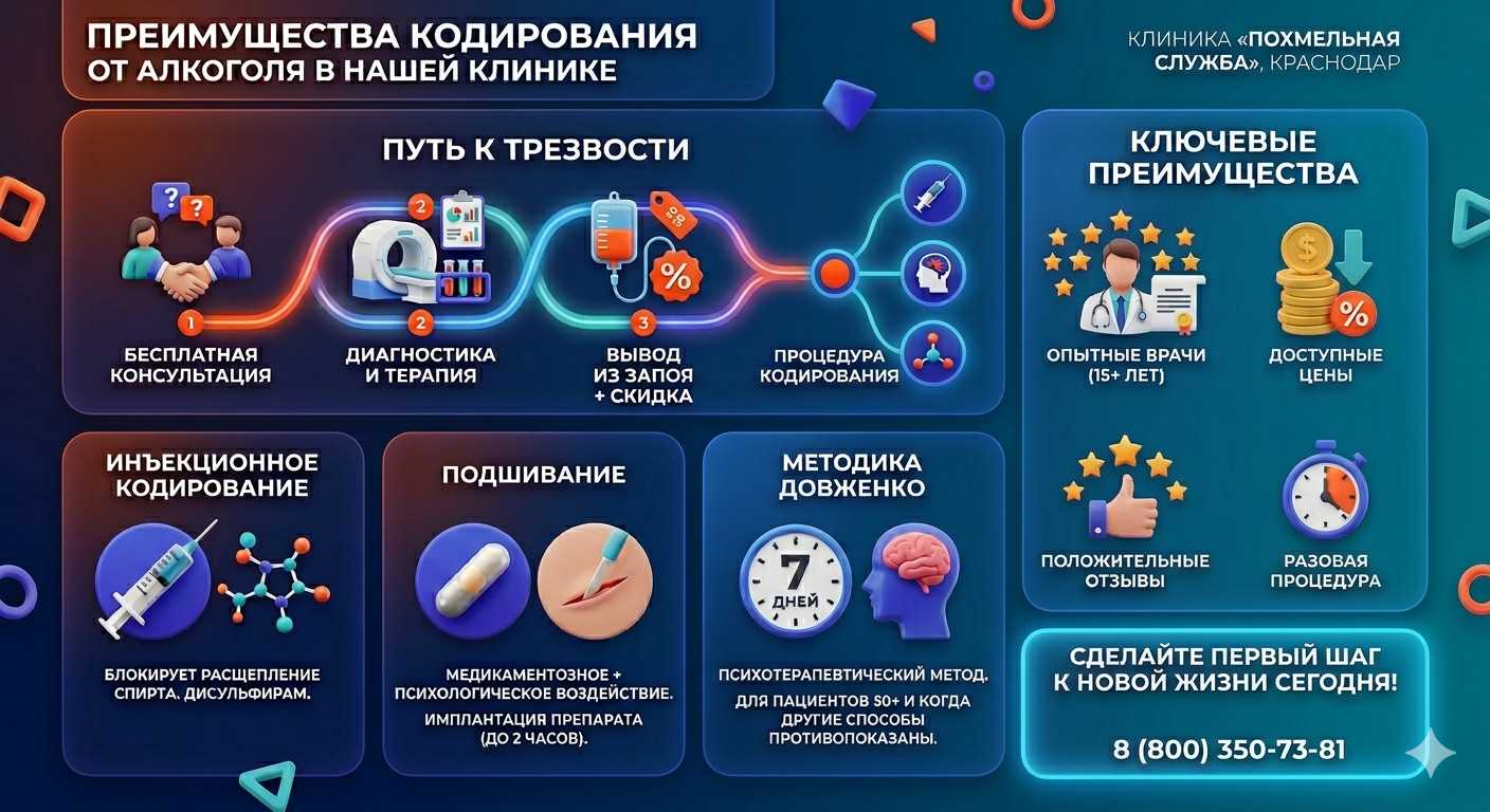 Инфографика о методах кодирования от алкоголя в Асбесте: инъекции, подшивание, метод Довженко. Преимущества клиники и этапы лечения.